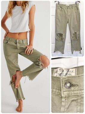 FREE PEOPLE We The Free Maggie Jeans Relaxed Distressed Straight in Moss Size 27